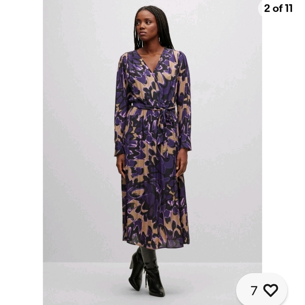 Boss Floral Tied-Waist Demaia Wrap Midi Dress Long Sleeve V Neck Size 4 NWOT